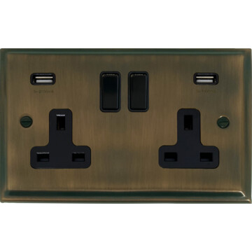 deco antique brass double socket with usb (black switches) front fc101025